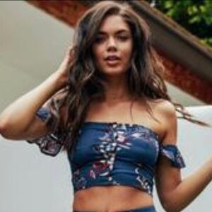 SAGE THE LABEL Crop Top Off The Shoulder Flutter Sleeves Blue Floral Size XS